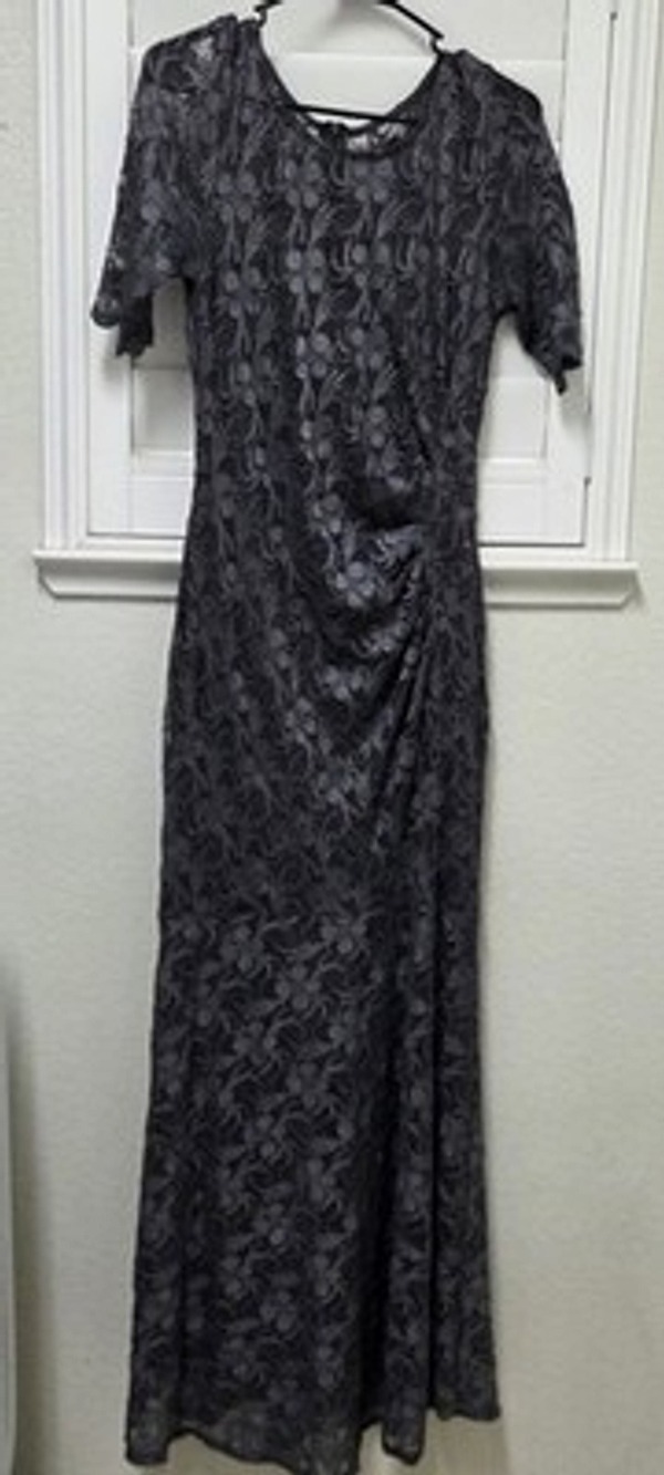 NWT Enchanted Apparel Gray Lace Maxi Dress 8 Sheer Overlay Short Sleeve Formal